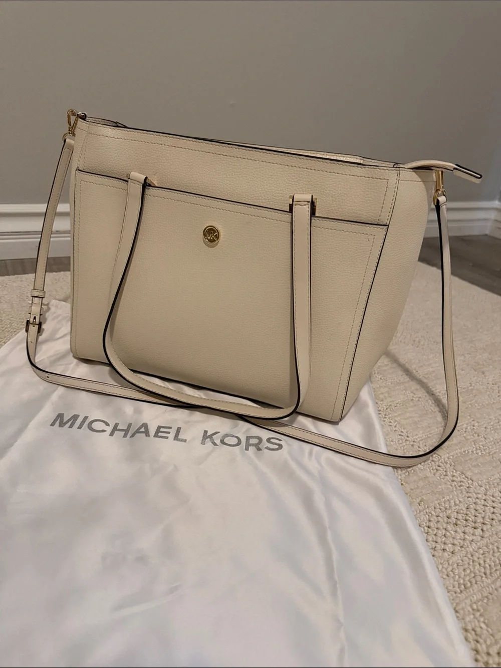 Michael Kors Ivory Pebbled Leather Tote with Crossbody Strap